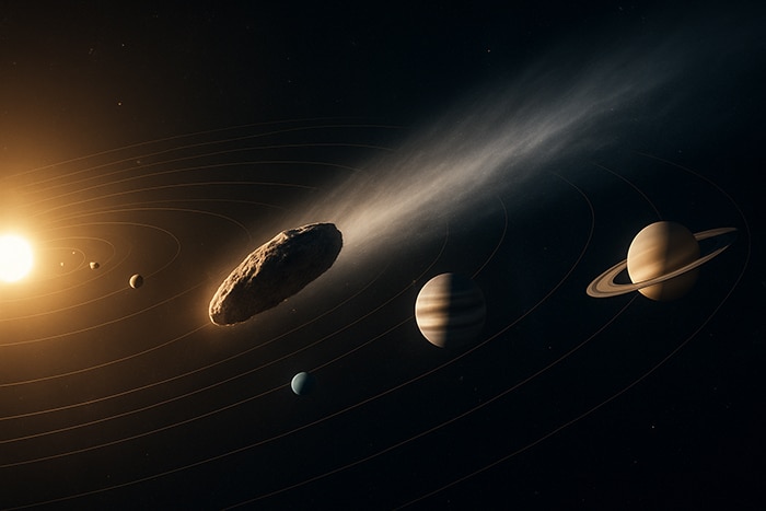 Recreación fotorealista del cometa interestelar 3I/ATLAS atravesando el sistema solar desde una perspectiva espacial.