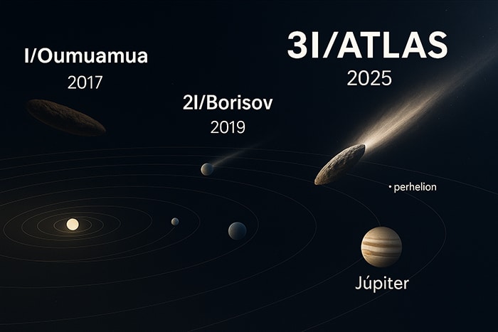 Infografía científica ilustrando los tres objetos interestelares detectados: ʻOumuamua, 2I/Borisov y 3I/ATLAS, con sus trayectorias.