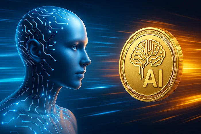 Ilustración futurista de inteligencia artificial y blockchain con un rostro digital y una moneda de IA rodeada de destellos de velocidad