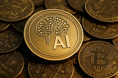 Moneda de inteligencia artificial sobre un fondo de criptomonedas como bitcoin, representando la unión entre IA y economía digital