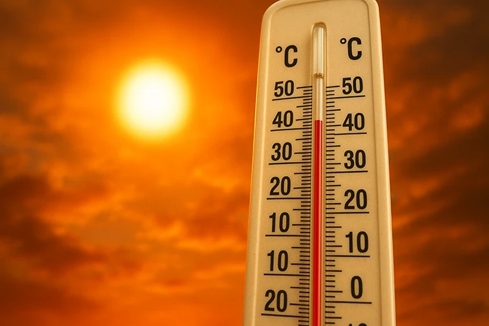 Termómetro marcando temperaturas extremas bajo un sol intenso durante la ola de calor en España.