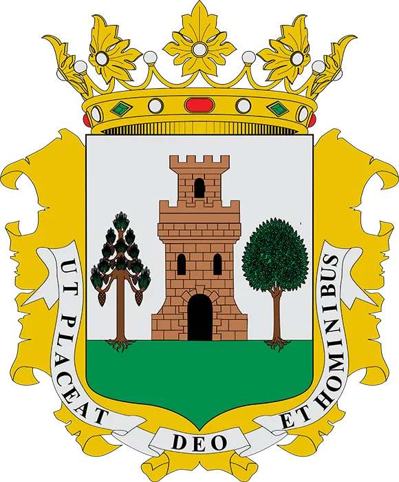 Escudo de Plasencia con torre central flanqueada por dos árboles y el lema latino “Ut placeat Deo et hominibus”.