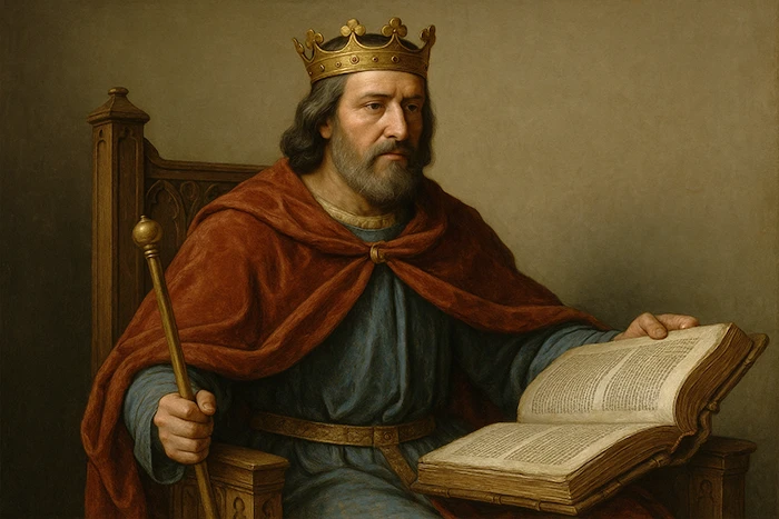 Retrato pictórico de Alfonso X el Sabio sentado en un trono, con corona dorada, manto rojo y un gran libro abierto sobre sus manos.