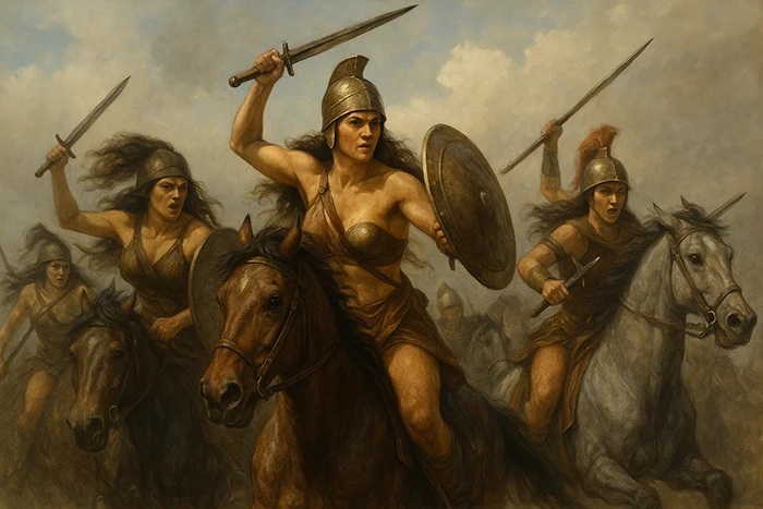 Guerreras amazonas a caballo cargando con espadas y escudos en medio de una batalla