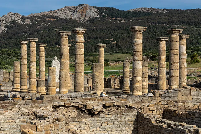 Columnas de la basílica del foro de Baelo Claudia con la estatua de Trajano.