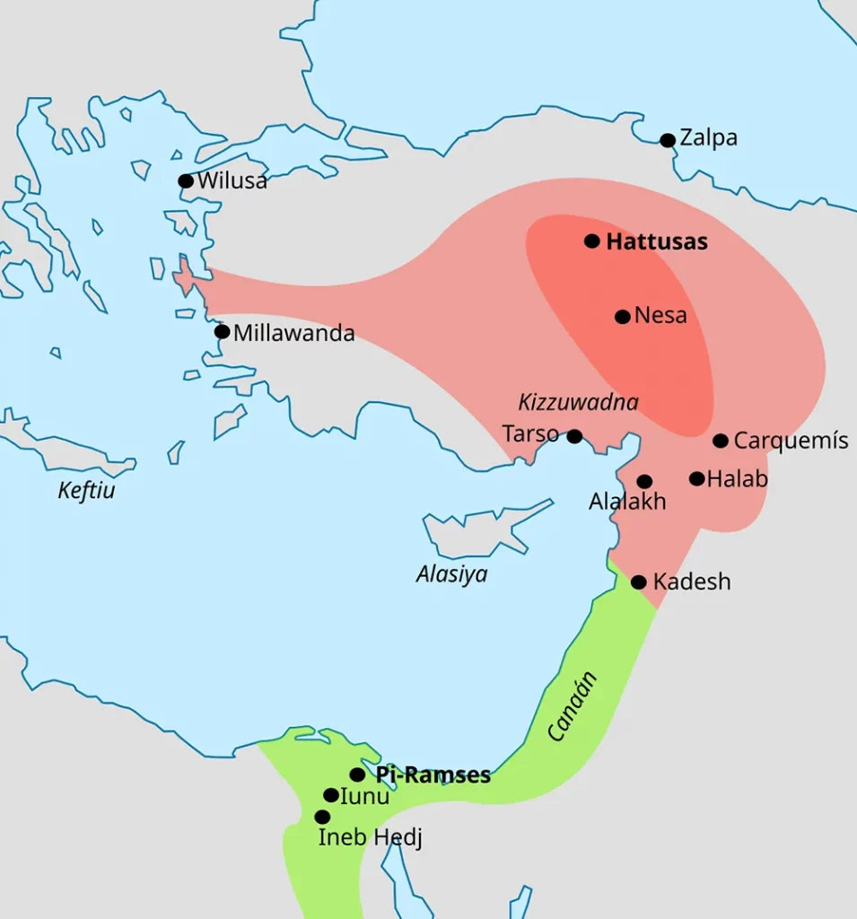 Mapa de los imperios hitita y egipcio hacia el 1300 a. C. con la ubicación de Qadesh y sus principales ciudades
