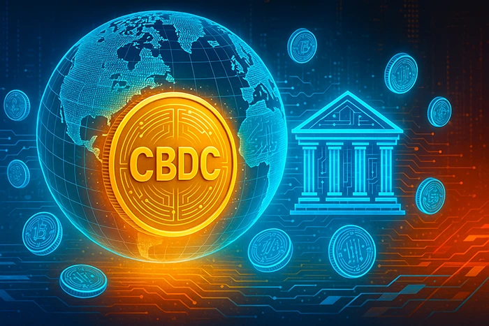 Ilustración digital de una moneda CBDC dorada frente a un globo terráqueo, acompañada de un icono de banco y monedas virtuales, representando la expansión global de las monedas digitales de banco central.