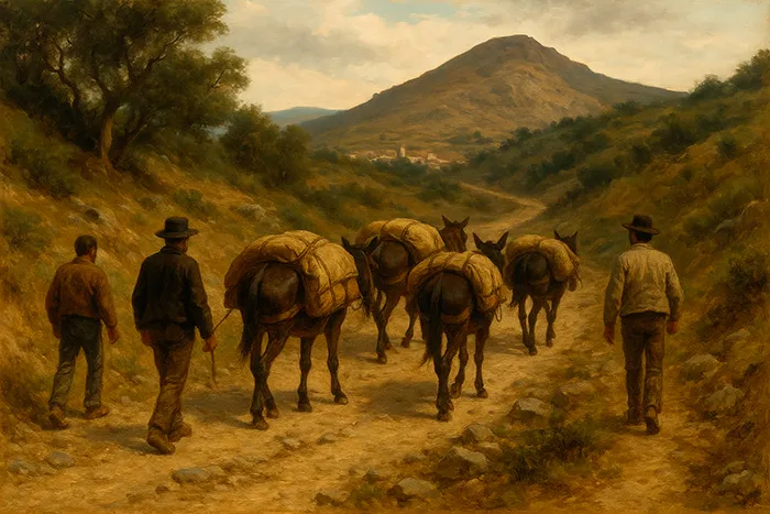 Caravana de arrieros y mulas de carga avanzando por un sendero pedregoso entre montañas, en un paisaje rústico evocador del pasado cañaveraliego.