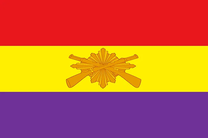 Bandera de la Segunda República Española con el emblema del Cuerpo de Carabineros.