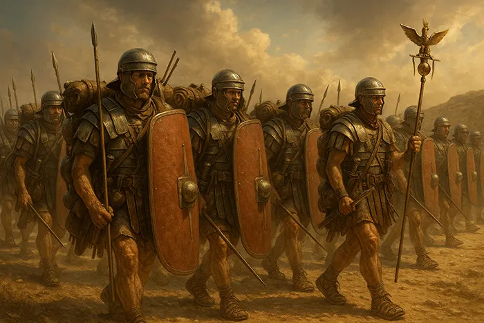 Legionarios romanos marchando en formación con escudos grandes y águila legionaria