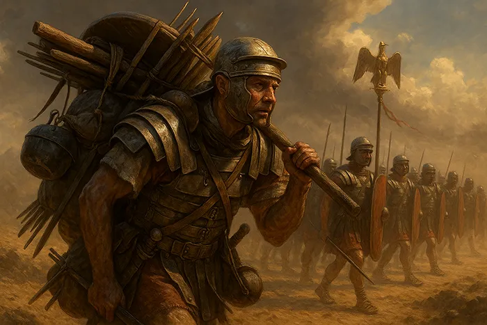 Legionario romano cargado con equipo completo símbolo de las mulas de Mario