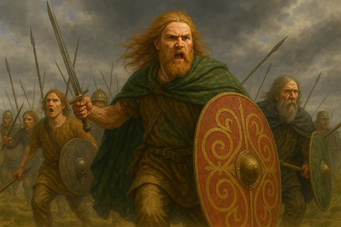 Vercingétorix liderando a los guerreros celtas en batalla con escudo y espada.