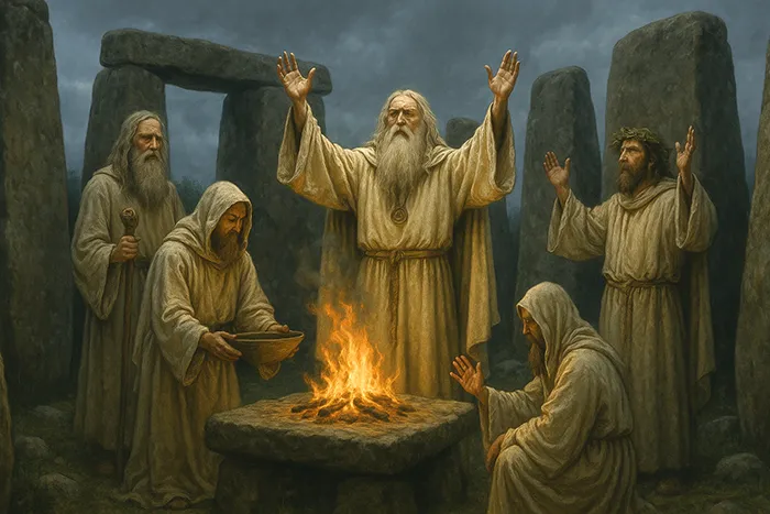 Druidas celtas celebrando un ritual entre piedras megalíticas con fuego sagrado.