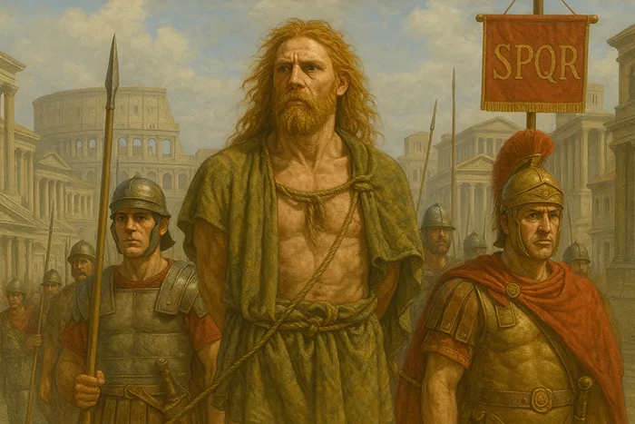 Vercingétorix prisionero desfilando en Roma escoltado por soldados romanos.