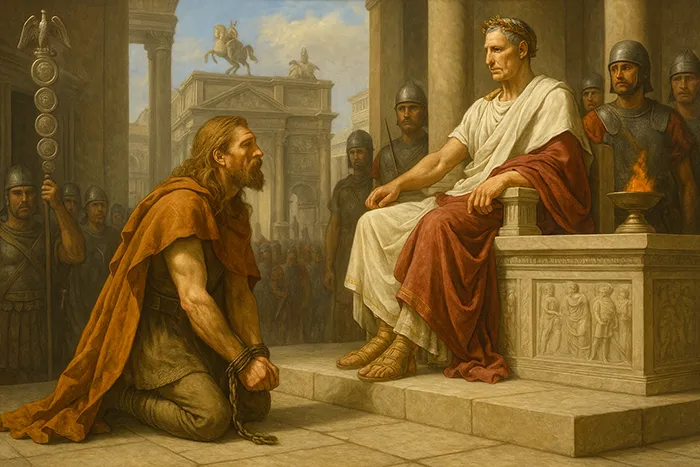 Vercingétorix arrodillado ante Julio César en un acto de sumisión en Roma.