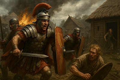 Legionarios romanos asaltando un poblado celta.