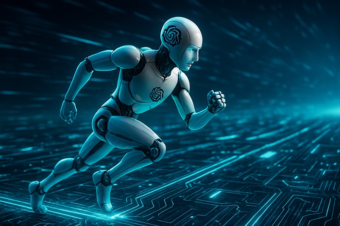 Ilustración futurista de un robot con el logotipo de ChatGPT corriendo sobre un circuito electrónico digital iluminado, simbolizando velocidad y procesamiento de datos.