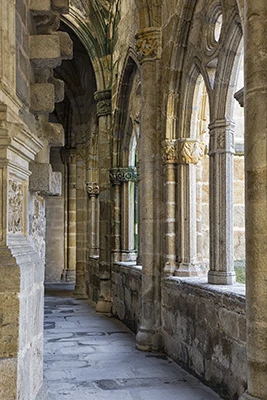 Galería del claustro de la Catedral de Plasencia con arcos apuntados y capiteles esculpidos, iluminada por la luz natural.