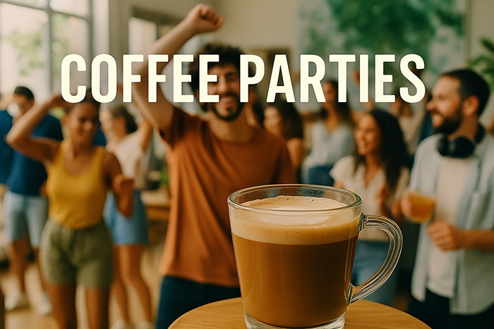 Grupo de jóvenes bailando y socializando en una fiesta diurna con café en primer plano, ambiente luminoso y relajado.