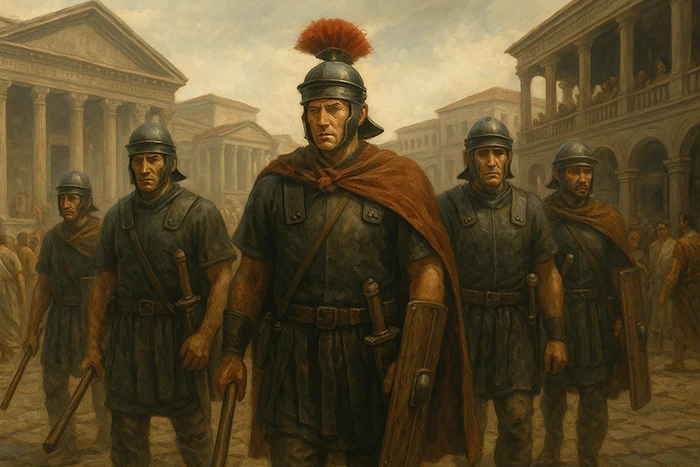 Cohortes urbanas patrullando en formación por una calle de la antigua Roma