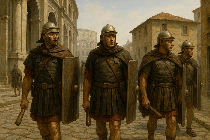 Patrulla de cohortes urbanas con escudos y porras junto al Coliseo romano