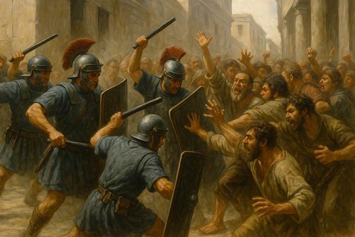 Cohortes urbanas interviniendo para dispersar un tumulto en una calle de Roma