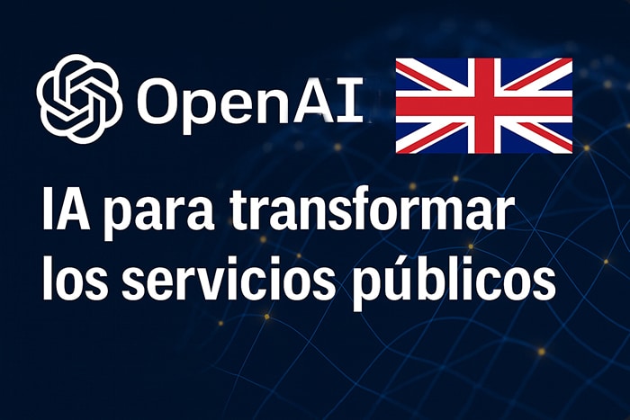 Logo de OpenAI junto a la bandera del Reino Unido sobre fondo azul con redes digitales, con el texto "IA para transformar los servicios públicos".