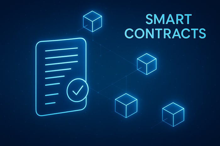 Infografía en estilo digital que muestra un contrato validado y bloques de datos conectados, con el texto 'Smart Contracts' destacado.
