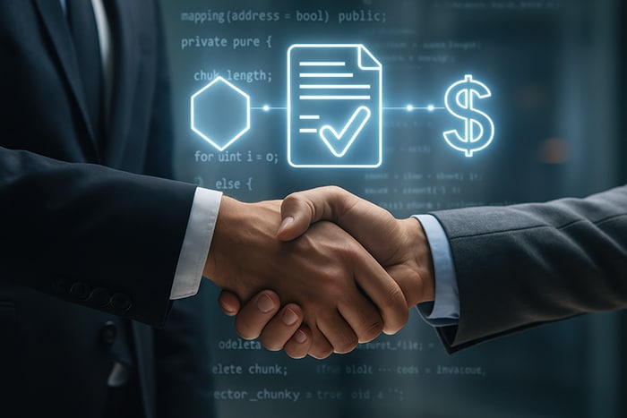 Representación digital de un apretón de manos entre empresarios, simbolizando la confianza automatizada mediante contratos inteligentes.
