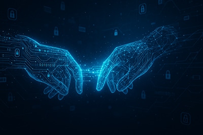 Ilustración futurista de dos manos digitales conectándose, representando acuerdos virtuales en tecnología blockchain.