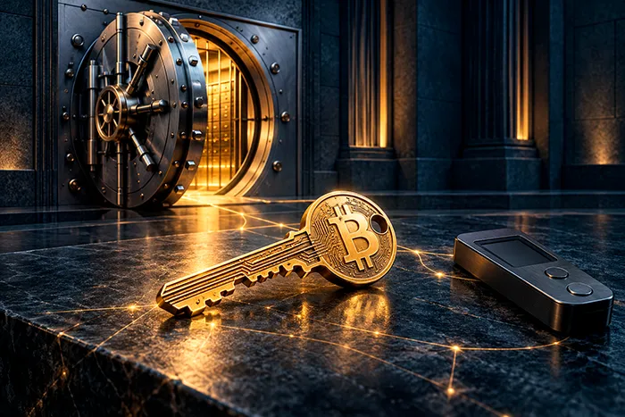 Ilustración de una llave con el símbolo de bitcoin junto a un monedero físico y una bóveda bancaria, en alusión al control de las criptomonedas.