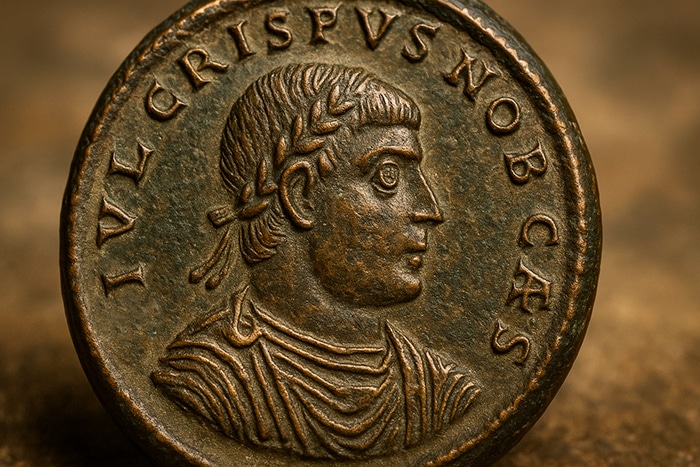 Anverso de moneda de cobre romana de Crispo. Generada por IA.
