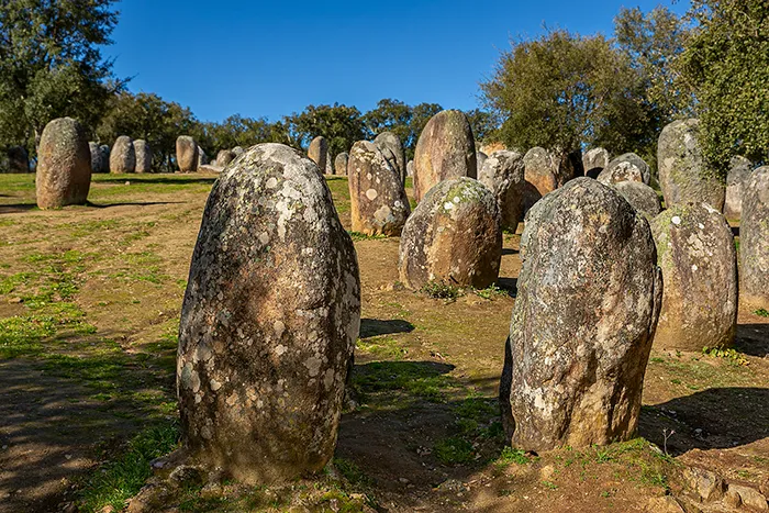 Crómlech de los Almendros, conjunto de menhires megalíticos en el Alentejo portugués.
