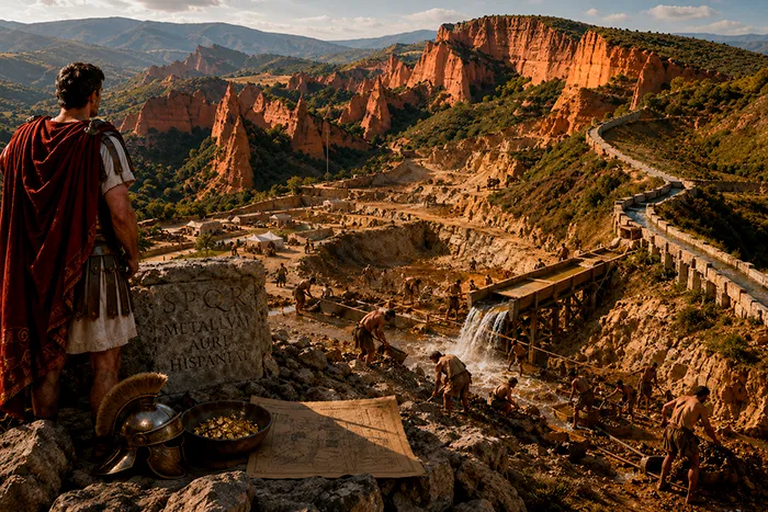 Ilustración de la minería romana del oro en Hispania, con montañas excavadas, canales hidráulicos y paisaje transformado por la explotación aurífera