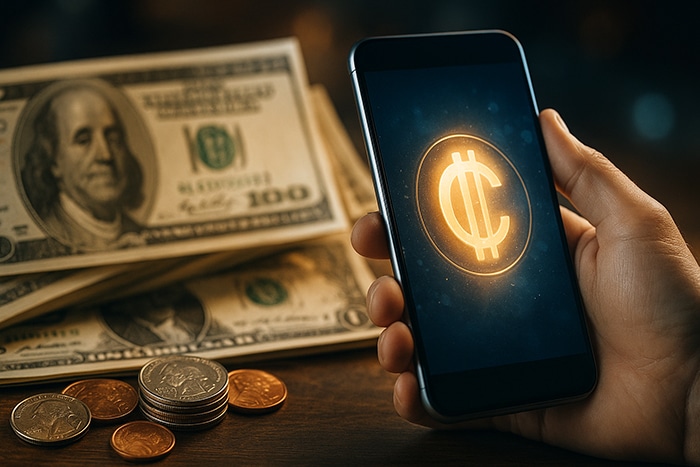 Mano sosteniendo un smartphone con símbolo de moneda digital brillante frente a billetes y monedas físicas de dólar estadounidense.