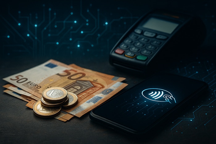 Billetes y monedas de euro junto a un teléfono móvil con icono de pago contactless y un datáfono sobre fondo tecnológico.
