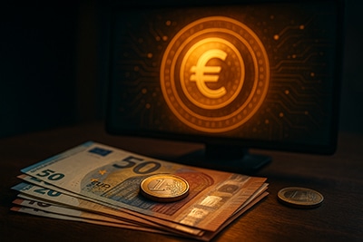 Montón de billetes de euro y monedas frente a una pantalla con símbolo digital del euro iluminado en tono dorado.