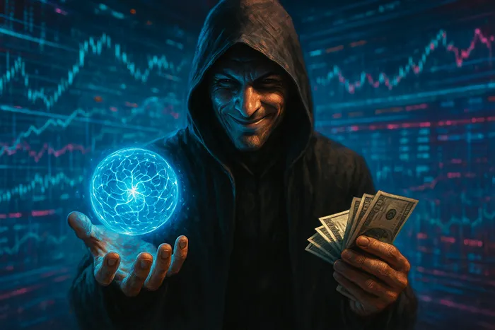 Ilustración conceptual de un especulador ofreciendo dinero rápido con IA, con gráficos financieros de fondo