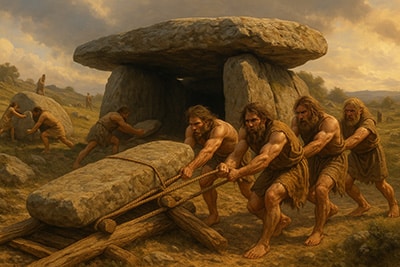 Recreación ultrarrealista de antiguos constructores erigiendo un dolmen con cuerdas y rodillos de madera.