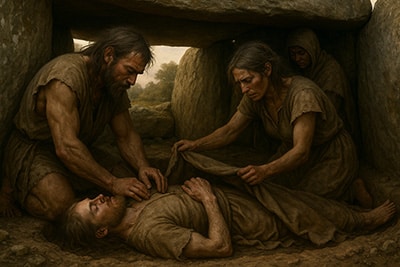 Escena hiperrealista de un ritual funerario neolítico dentro de un dolmen, con personas preparando el enterramiento de un difunto.