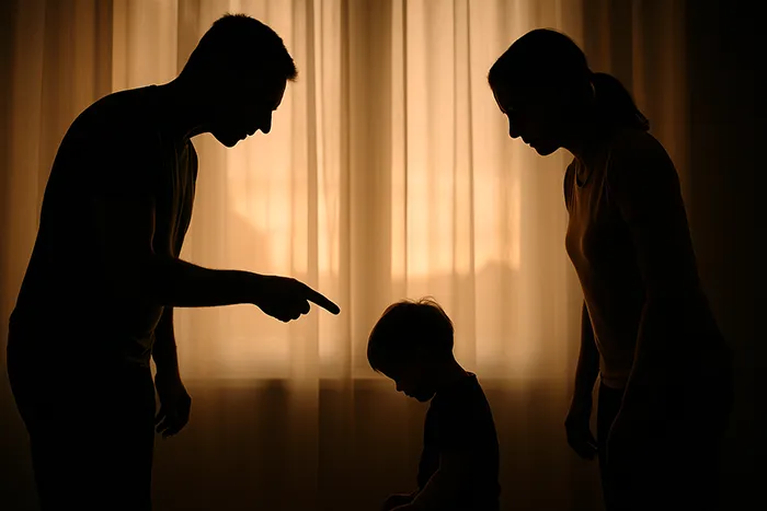 Padre recriminando a un niño mientras la madre permanece pasiva en la escena, metáfora del maltrato infantil y la normalización de la disciplina abusiva.