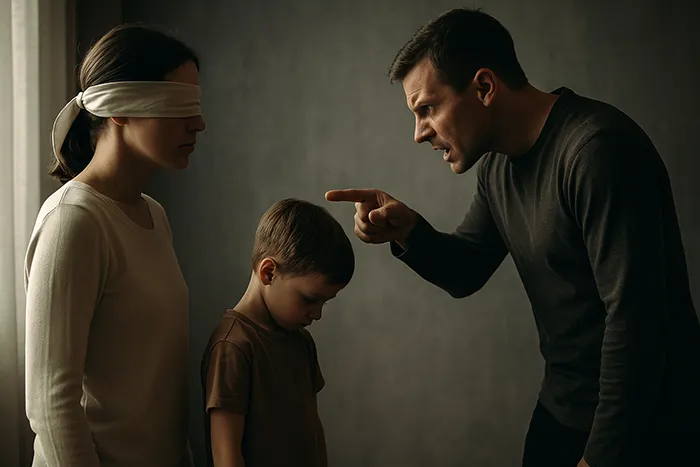 Hombre gritando y señalando al niño mientras la madre aparece con los ojos vendados, simbolizando la inacción y el consentimiento tácito en casos de maltrato emocional.