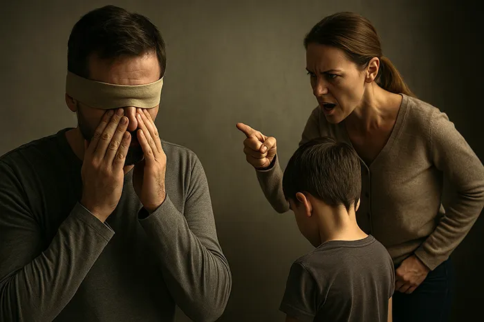 Mujer gritando y señalando al niño mientras el padre se cubre los ojos con una venda, representación del efecto Cenicienta y la ceguera ante la violencia hacia los hijos.