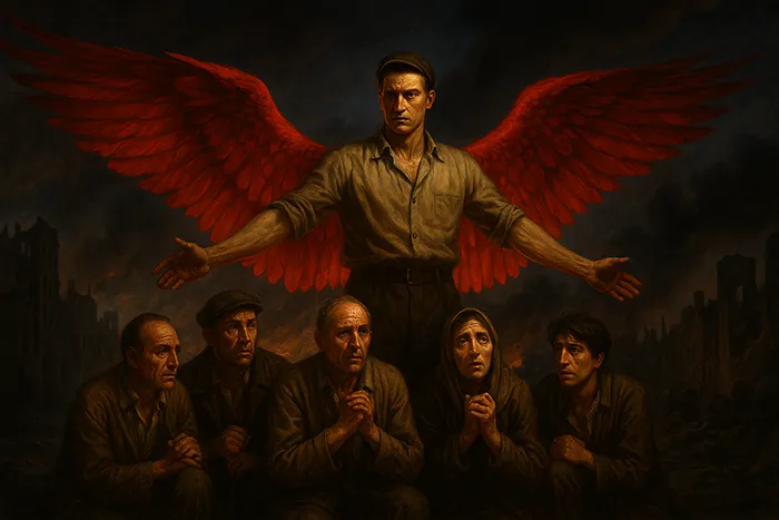 Ilustración hiperrealista del Ángel Rojo de Madrid protegiendo a presos durante la Guerra Civil Española