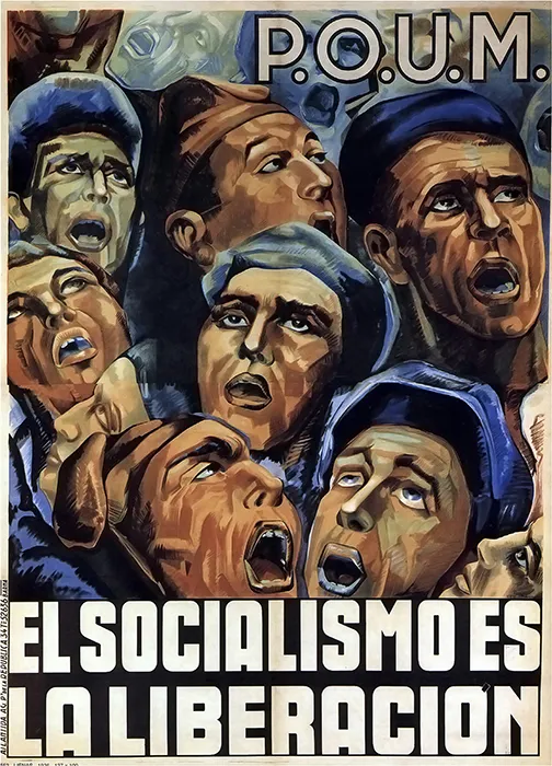 Cartel del POUM con rostros de milicianos mirando hacia arriba y el lema “El socialismo es la liberación”