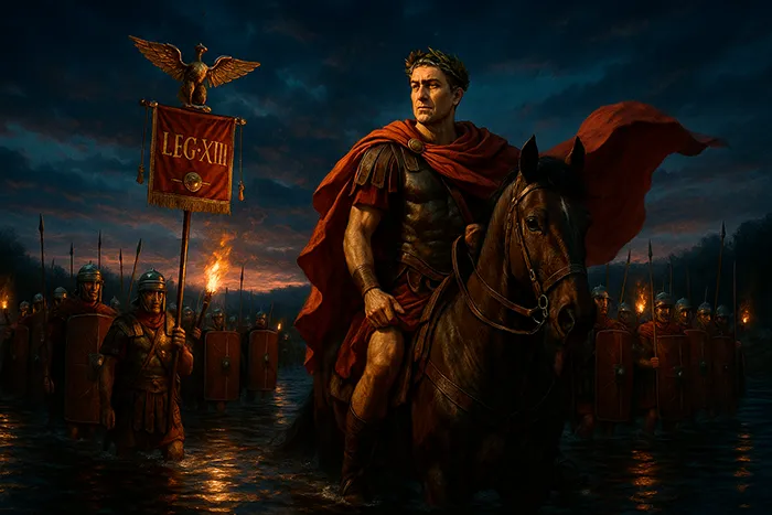 Julio César cruza el río Rubicón al anochecer, montado a caballo con capa roja y corona de laurel, al frente de la XIII Legión que avanza en formación con estandarte dorado y antorchas reflejadas en el agua.