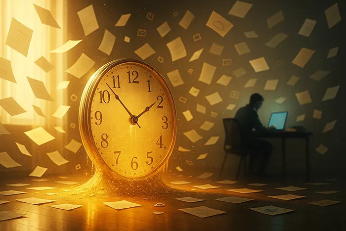 Reloj de cristal derritiéndose entre hojas flotantes y luz dorada, mientras una persona trabaja frente a un portátil al fondo. Escena simbólica del paso del tiempo y el cansancio por la hiperproductividad.