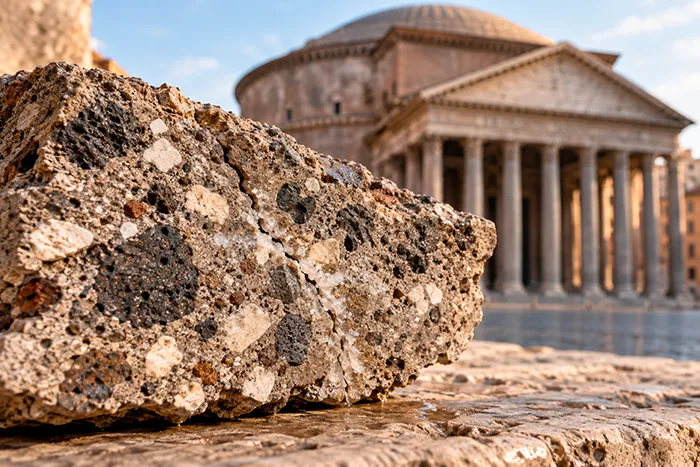 Fragmento de hormigón romano con pequeñas partículas de cal y una grieta parcialmente sellada, con el Panteón de Roma desenfocado al fondo.