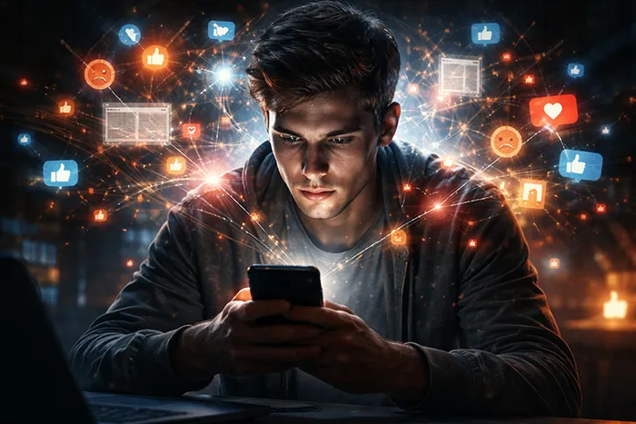 Joven mirando su móvil rodeado de iconos de redes sociales que representan la influencia de los algoritmos