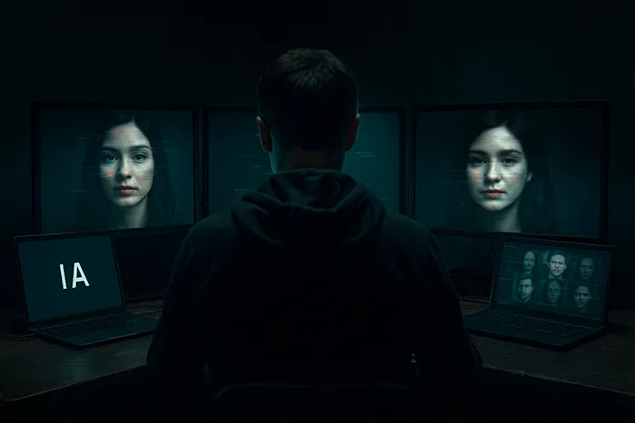 Persona sentada de espaldas frente a varios monitores que muestran rostros generados por IA, en una habitación oscura con ambiente de análisis digital y manipulación de imágenes.